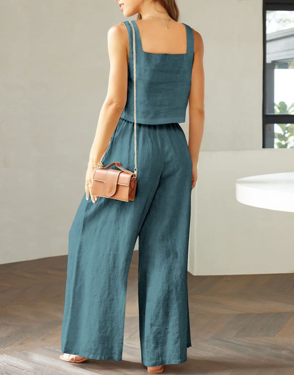 ANRABESS 2 Piece Outfits Square Neck Sleeveless Tank Crop Top & Wide Leg Pants Lounge Set