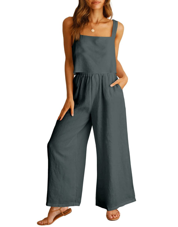 ANRABESS 2 Piece Outfits Square Neck Sleeveless Tank Crop Top & Wide Leg Pants Lounge Set