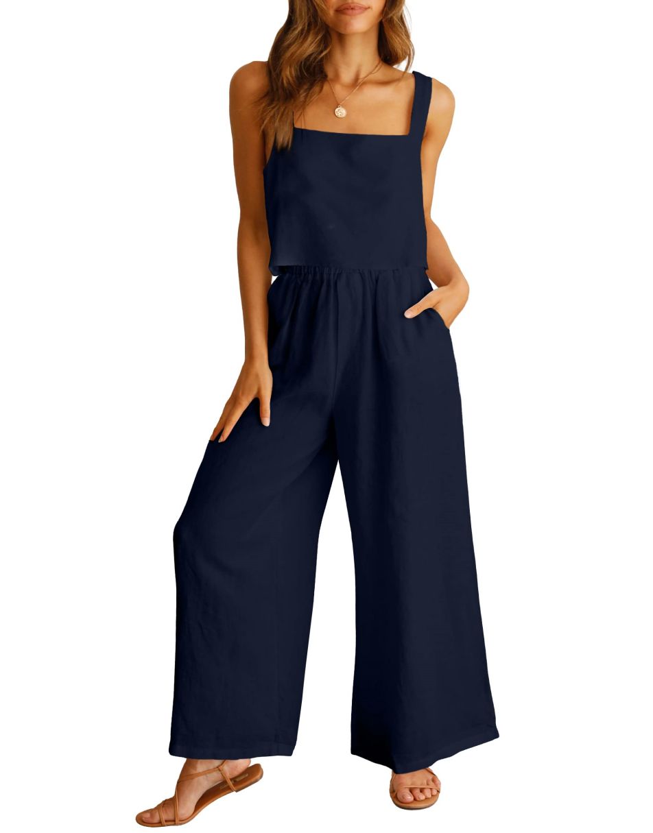 ANRABESS Women’s Summer 2 Piece Outfits Sleeveless Round Neck Crop Top Tank  and High Waisted Pants Jumpsuit Lounge Set : : Clothing, Shoes 