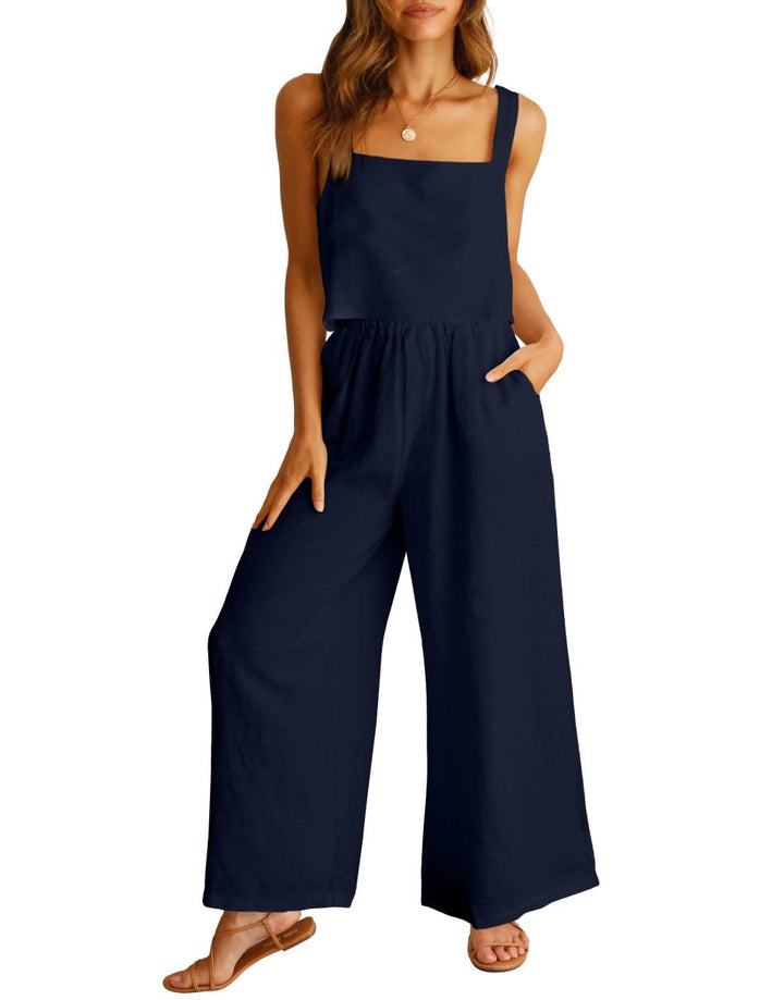 ANRABESS 2 Piece Outfits Square Neck Sleeveless Tank Crop Top & Wide Leg Pants Lounge Set