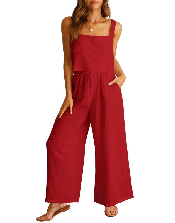 ANRABESS 2 Piece Outfits Square Neck Sleeveless Tank Crop Top & Wide Leg Pants Lounge Set