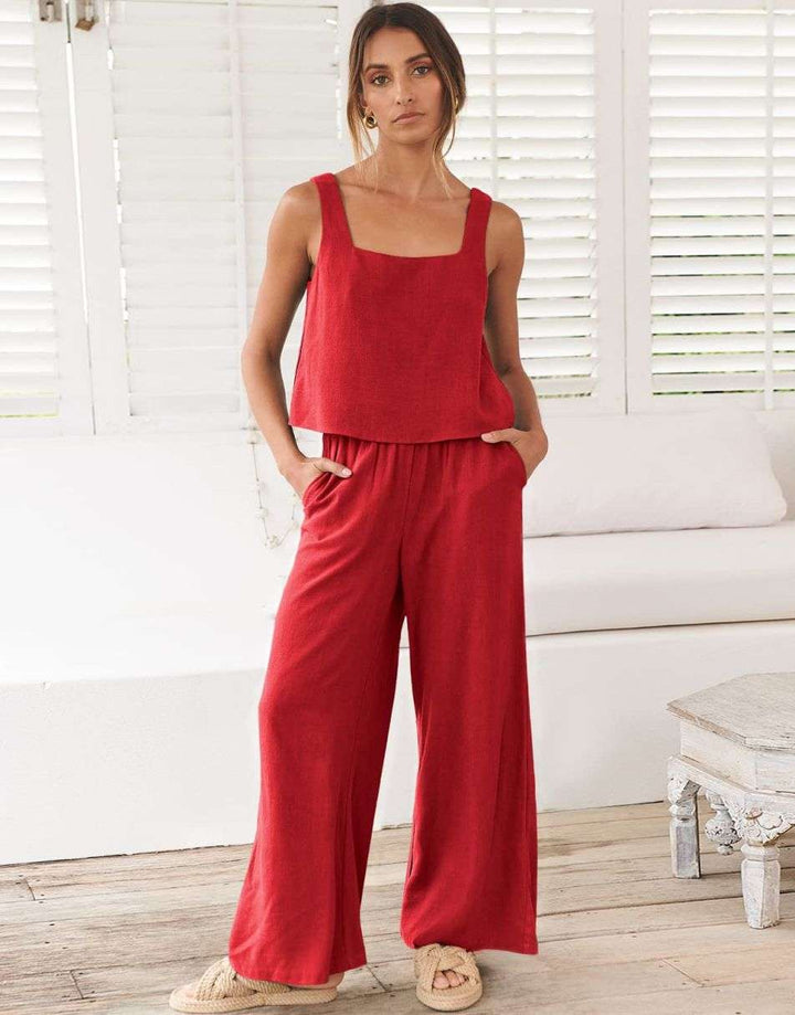 ANRABESS 2 Piece Outfits Square Neck Sleeveless Tank Crop Top & Wide Leg Pants Lounge Set