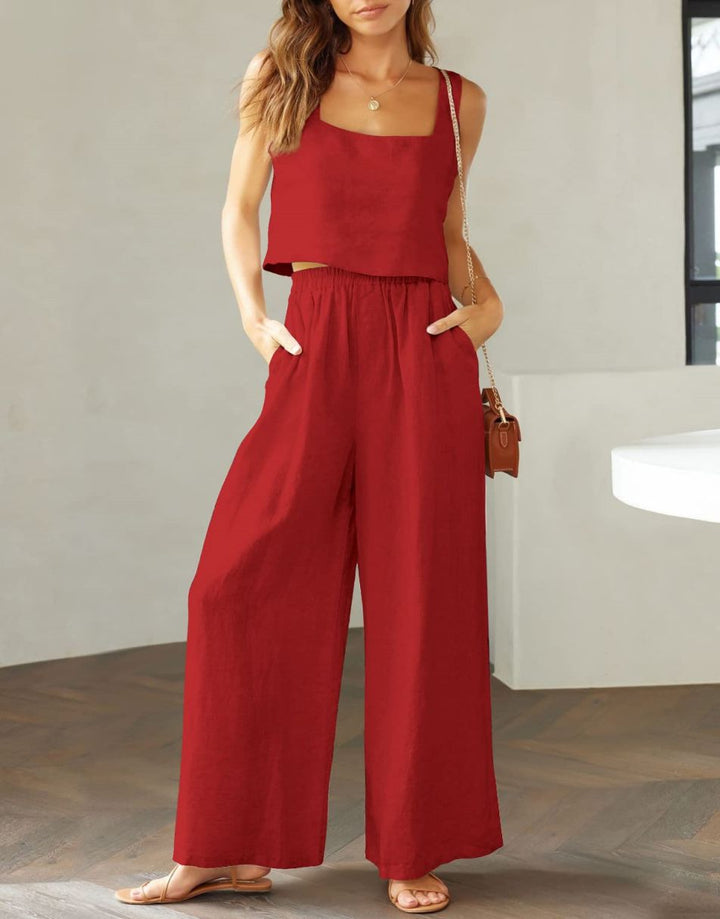 ANRABESS 2 Piece Outfits Square Neck Sleeveless Tank Crop Top & Wide Leg Pants Lounge Set