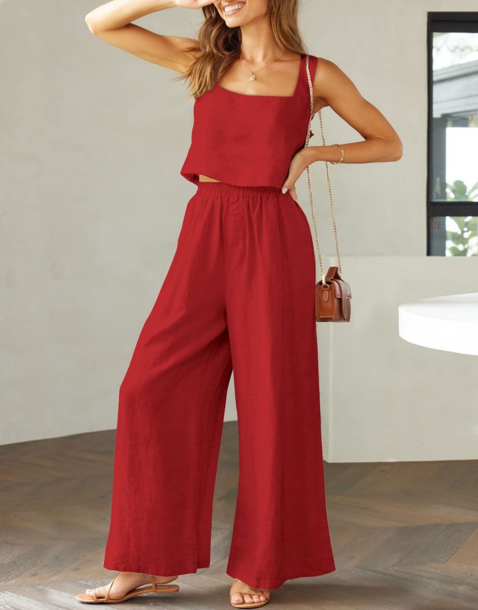 ANRABESS 2 Piece Outfits Square Neck Sleeveless Tank Crop Top & Wide Leg  Pants Lounge Set