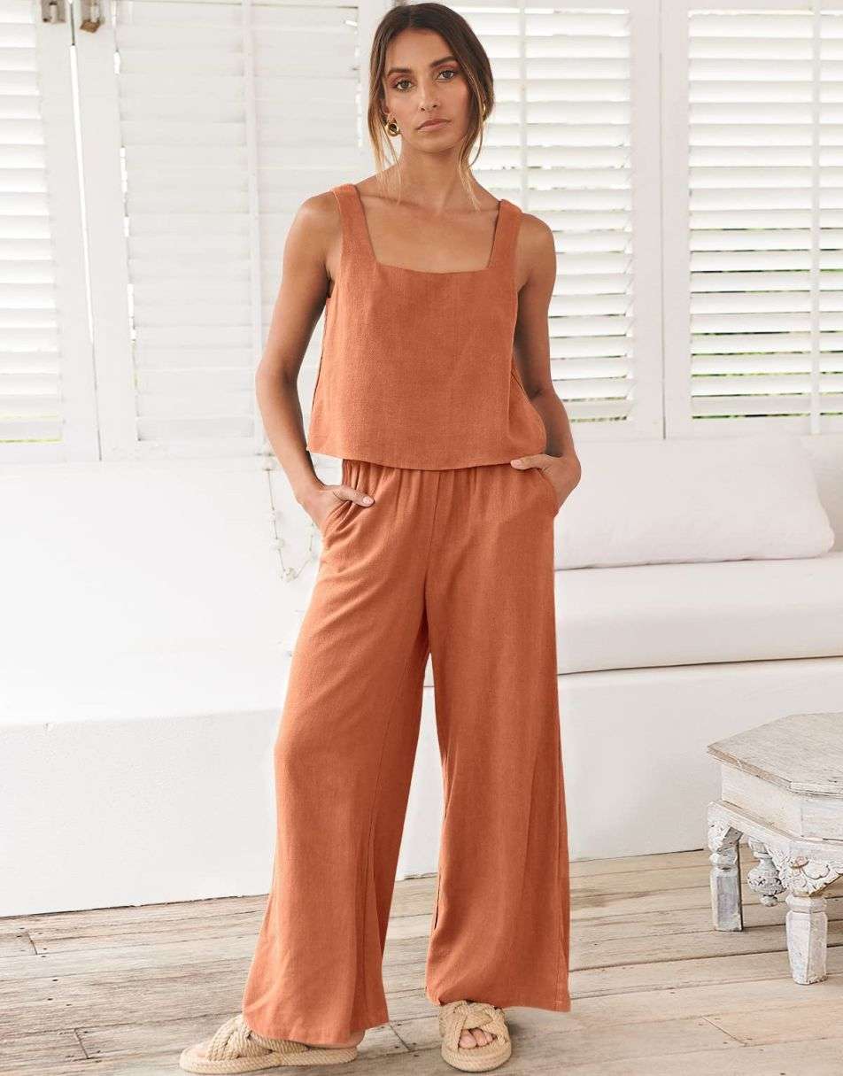 ANRABESS Women's Summer 2 Piece Outfits Sleeveless Tank Crop Button Back  Top Cropped Wide Leg Pants Set Pockets, Apricot, Small : :  Clothing, Shoes & Accessories