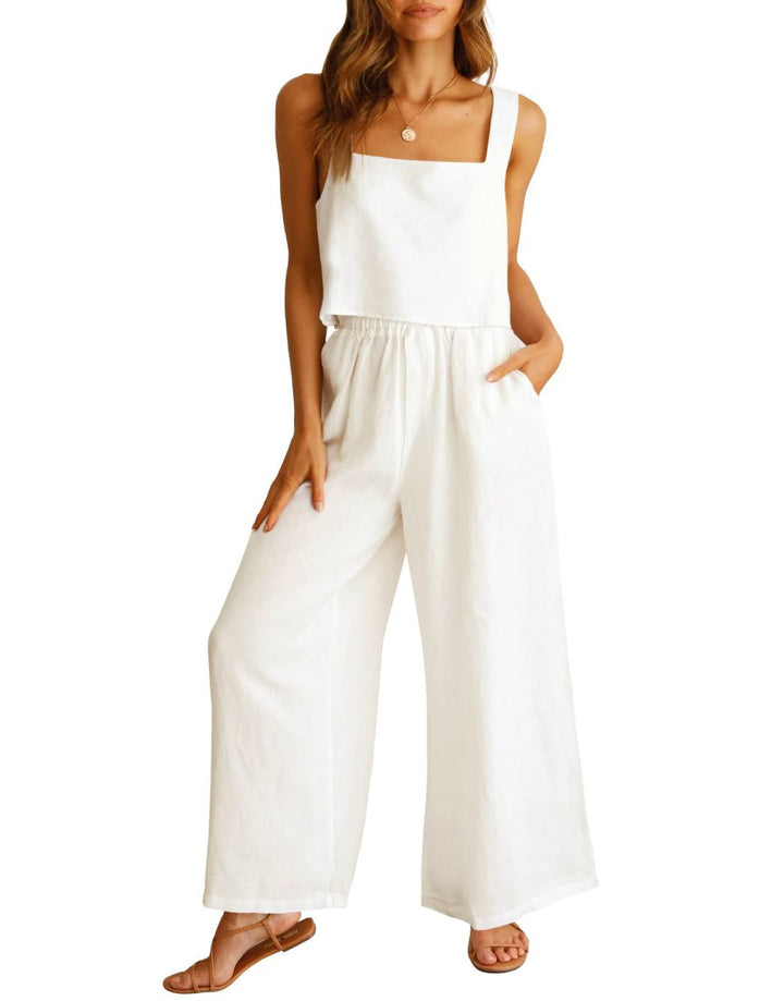 ANRABESS 2 Piece Outfits Square Neck Sleeveless Tank Crop Top & Wide Leg Pants Lounge Set