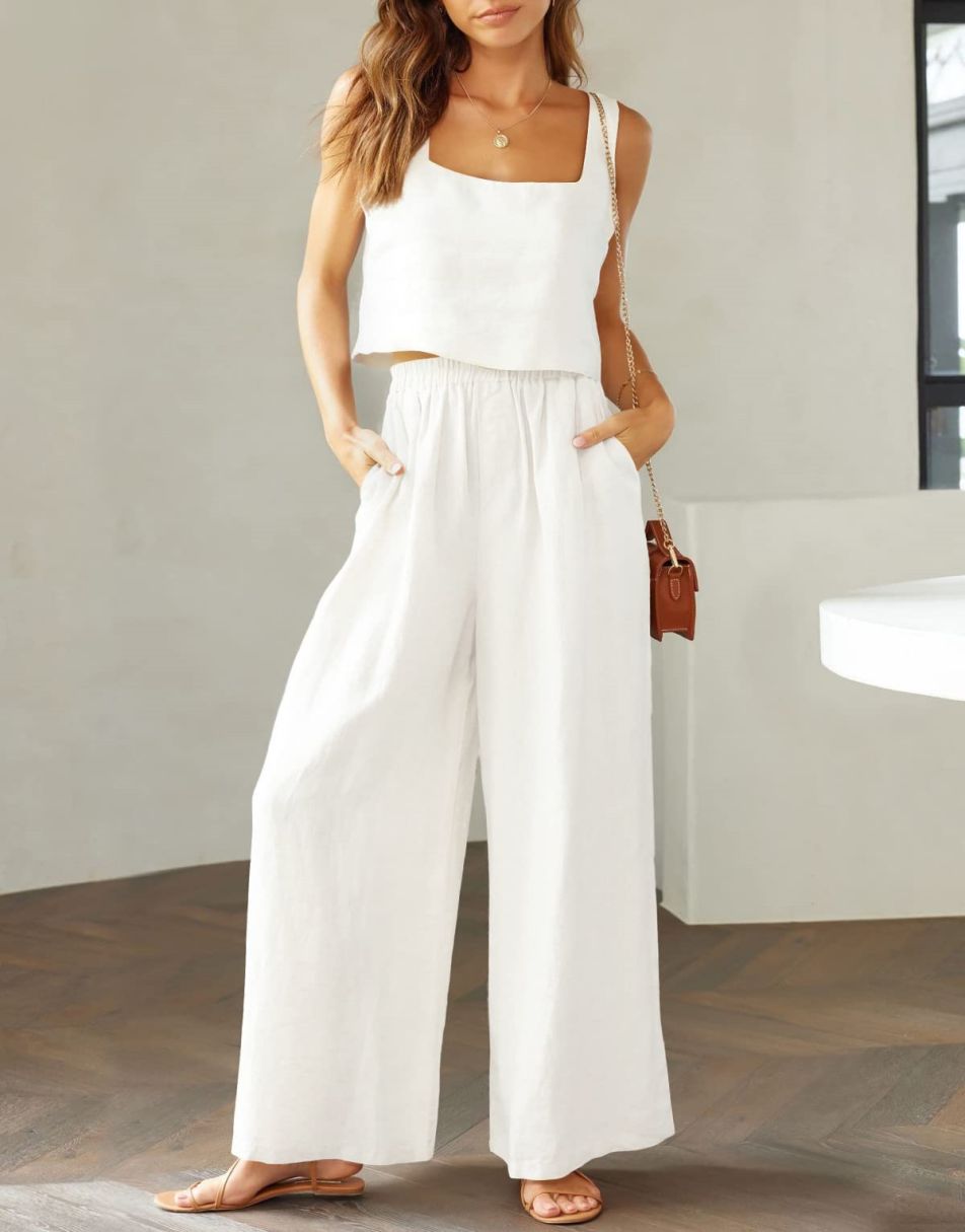 ANRABESS 2 Piece Outfits Square Neck Sleeveless Tank Crop Top & Wide Leg  Pants Lounge Set