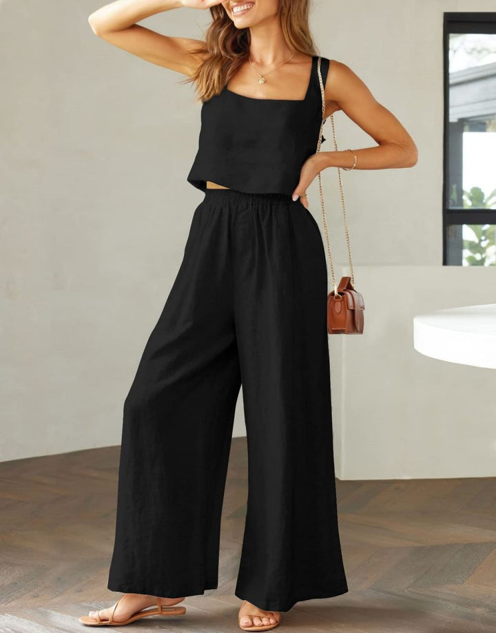 ANRABESS 2 Piece Outfits Square Neck Sleeveless Tank Crop Top & Wide Leg Pants Lounge Set