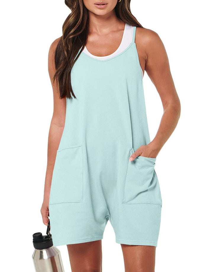 Anrabess Casual Rompers Loose Spaghetti Strap Shorts Jumpsuit with Pockets