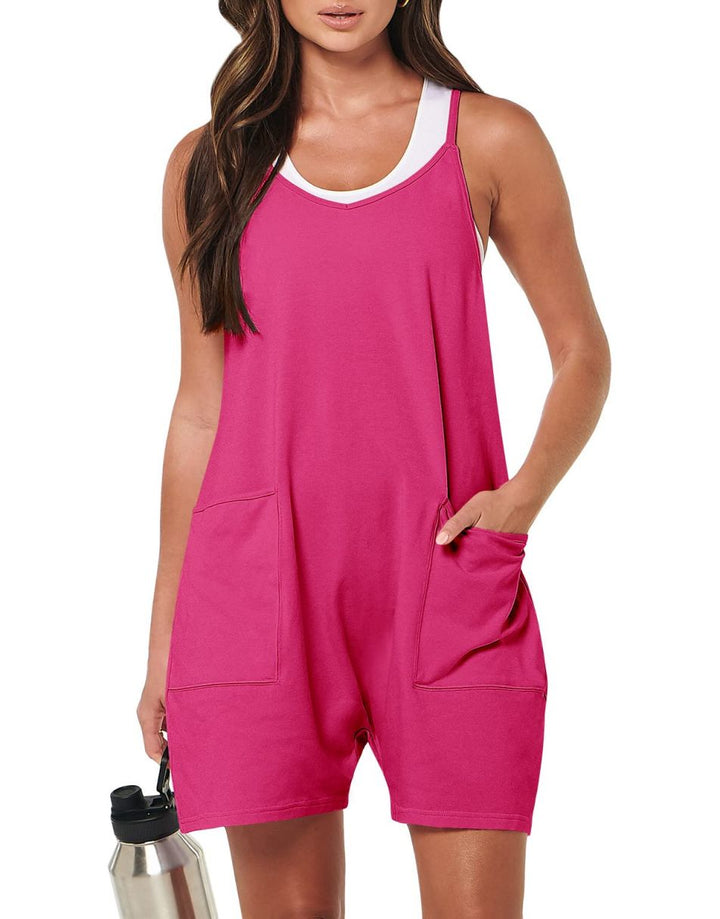 Anrabess Casual Rompers Loose Spaghetti Strap Shorts Jumpsuit with Pockets