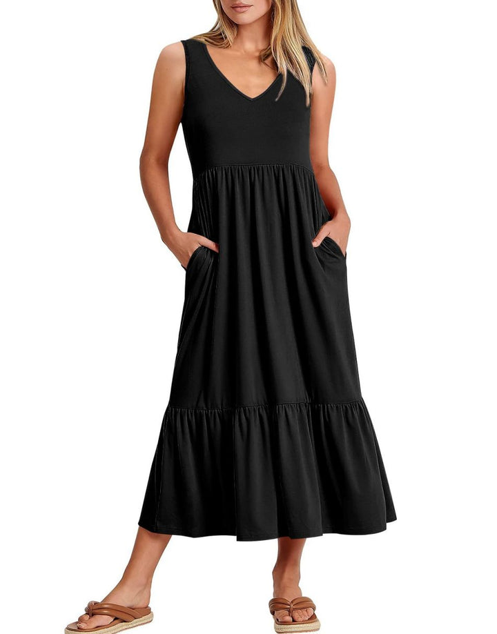 ANRABESS Casual Sleeveless V Neck Swing Flowy Tiered Maxi Beach Dress with Pockets