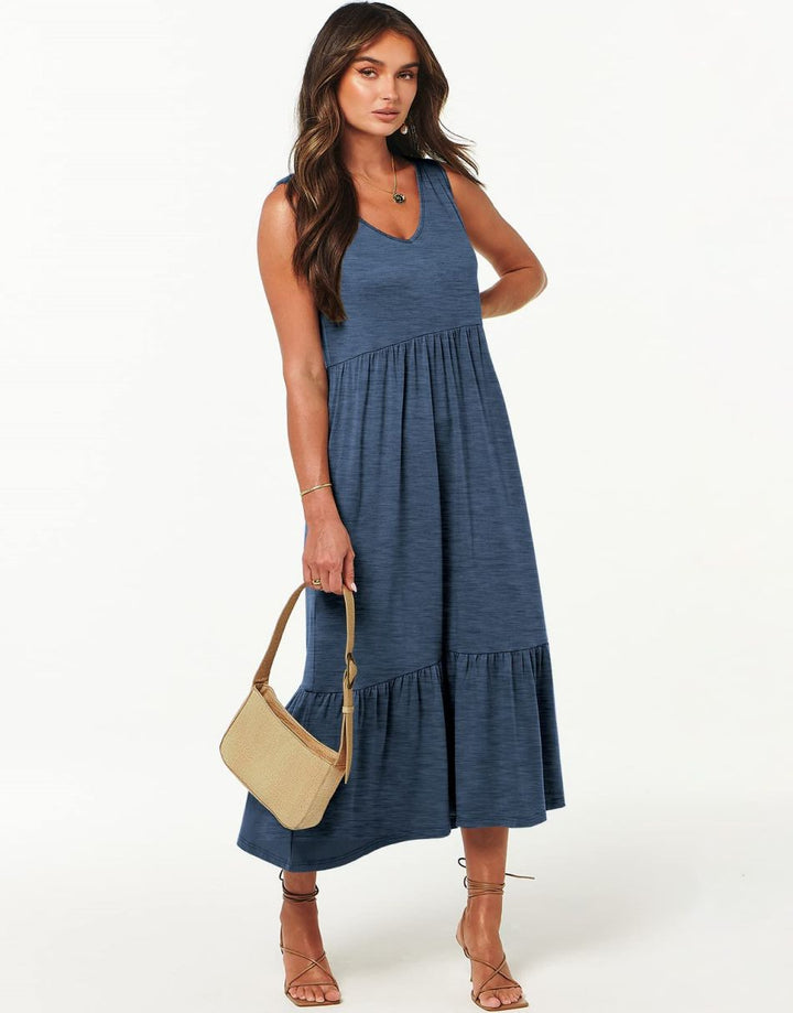 ANRABESS Casual Sleeveless V Neck Swing Flowy Tiered Maxi Beach Dress with Pockets