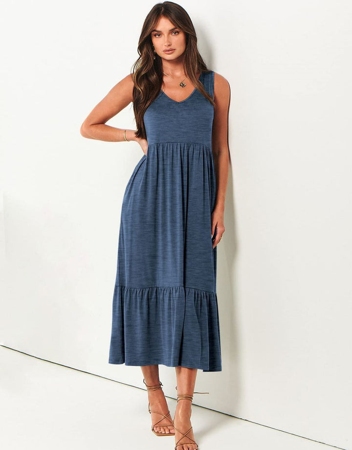 ANRABESS Casual Sleeveless V Neck Swing Flowy Tiered Maxi Beach Dress with Pockets