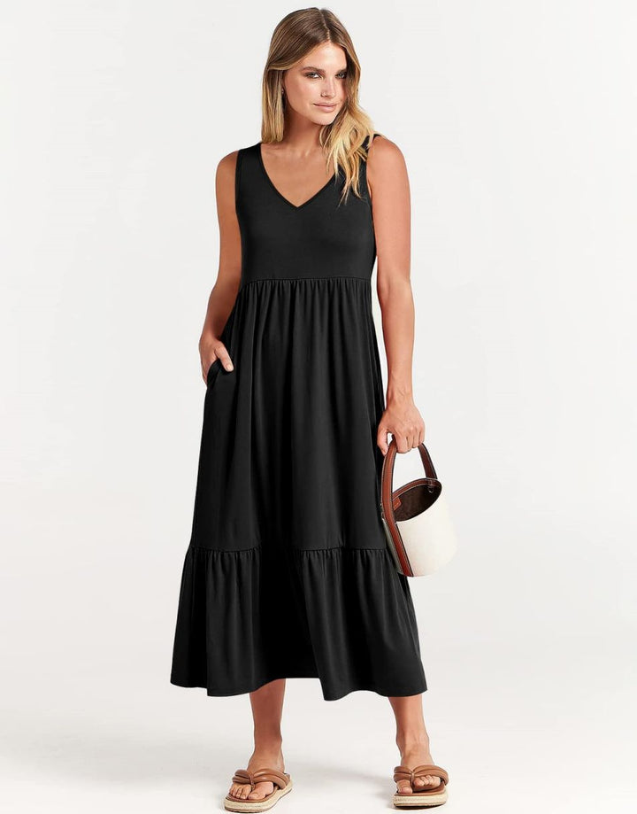 ANRABESS Casual Sleeveless V Neck Swing Flowy Tiered Maxi Beach Dress with Pockets