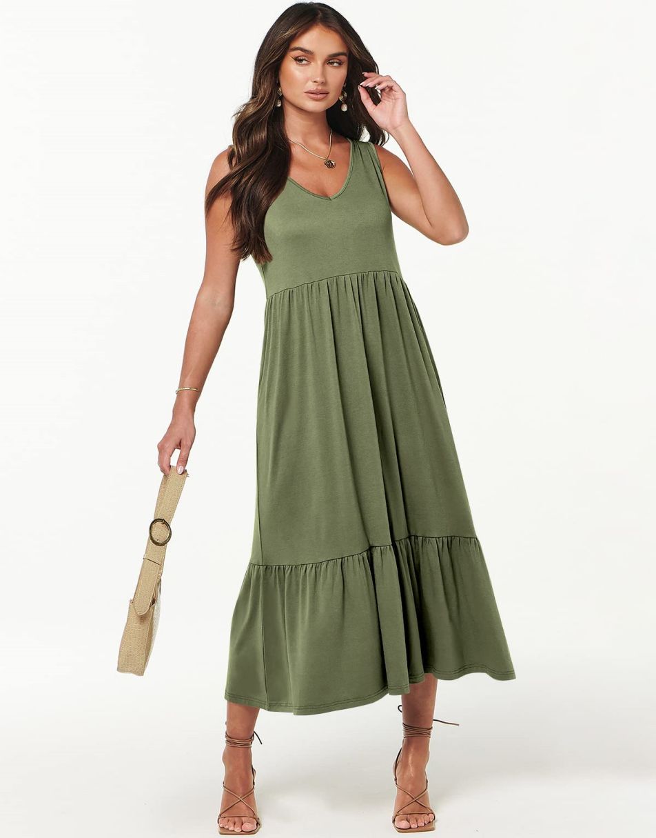 ANRABESS Casual Sleeveless V Neck Swing Flowy Tiered Maxi Beach Dress with Pockets