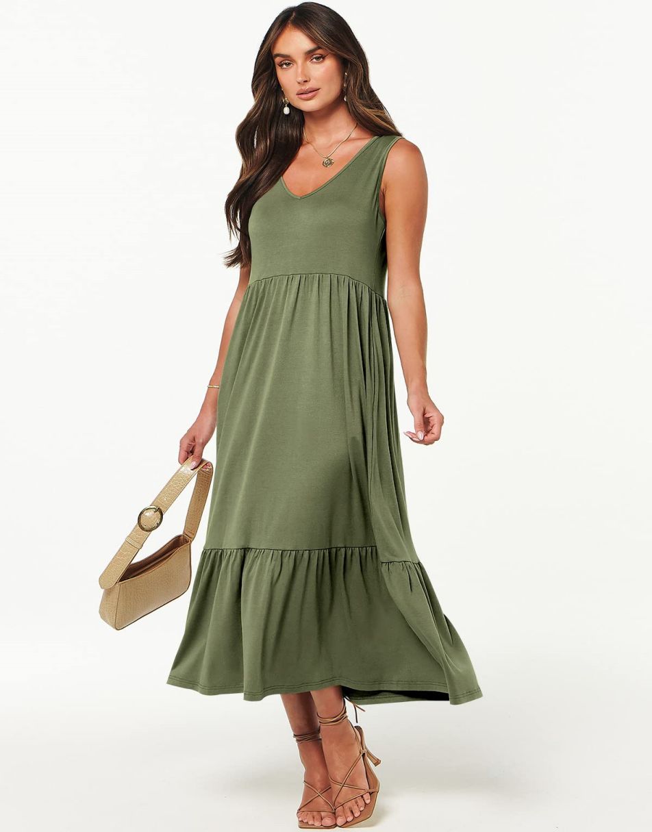 ANRABESS Casual Sleeveless V Neck Swing Flowy Tiered Maxi Beach Dress with Pockets