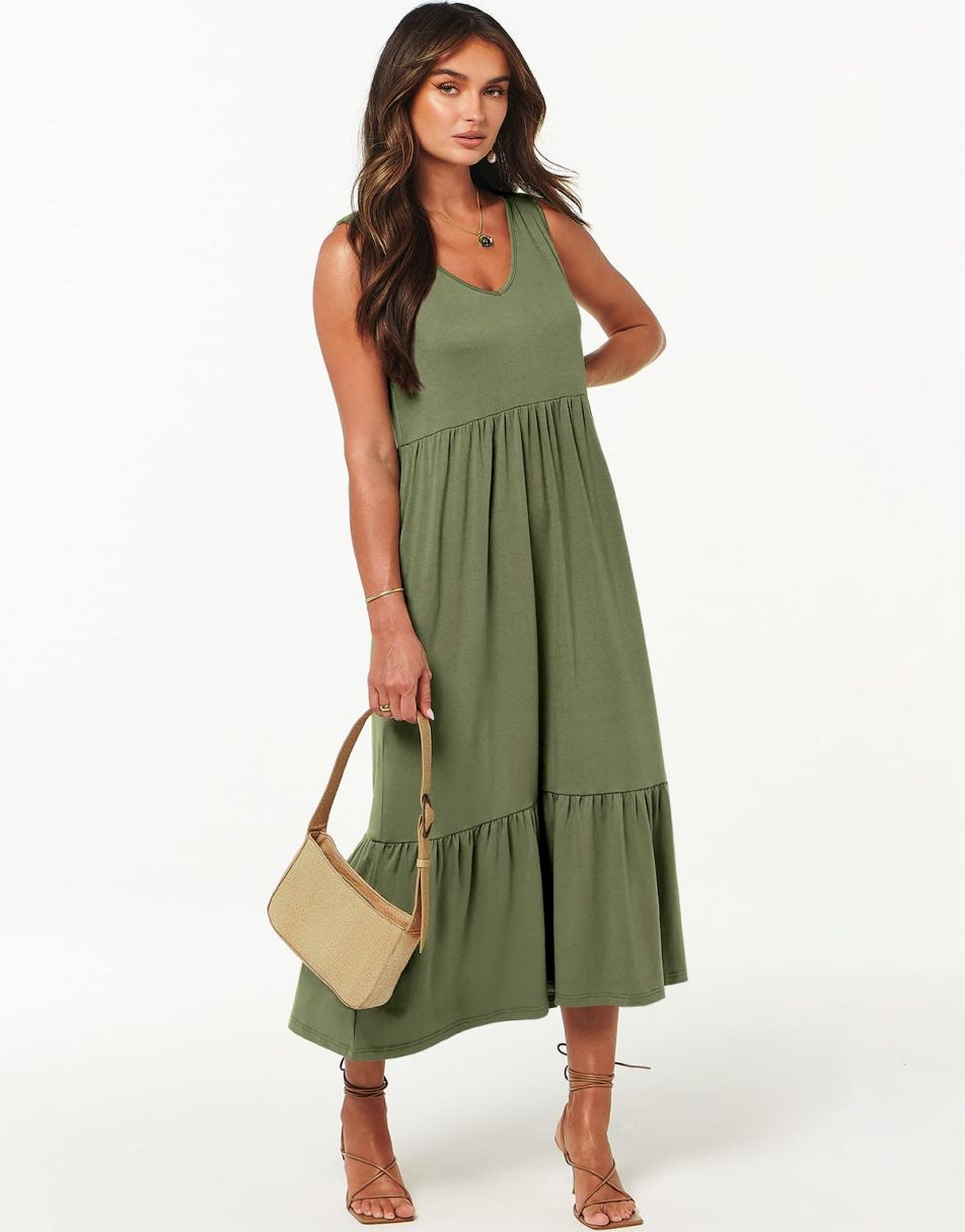 ANRABESS Casual Sleeveless V Neck Swing Flowy Tiered Maxi Beach Dress with Pockets