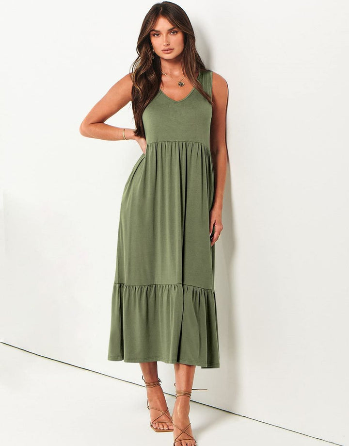 ANRABESS Casual Sleeveless V Neck Swing Flowy Tiered Maxi Beach Dress with Pockets