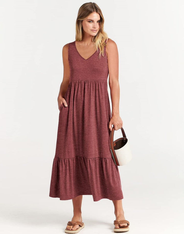 ANRABESS Casual Sleeveless V Neck Swing Flowy Tiered Maxi Beach Dress with Pockets