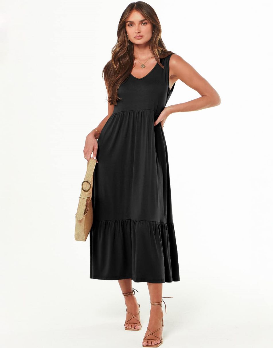 ANRABESS Casual Sleeveless V Neck Swing Flowy Tiered Maxi Beach Dress with Pockets