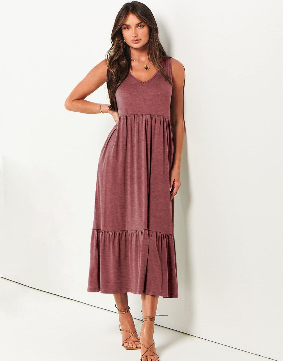 ANRABESS Casual Sleeveless V Neck Swing Flowy Tiered Maxi Beach Dress with Pockets