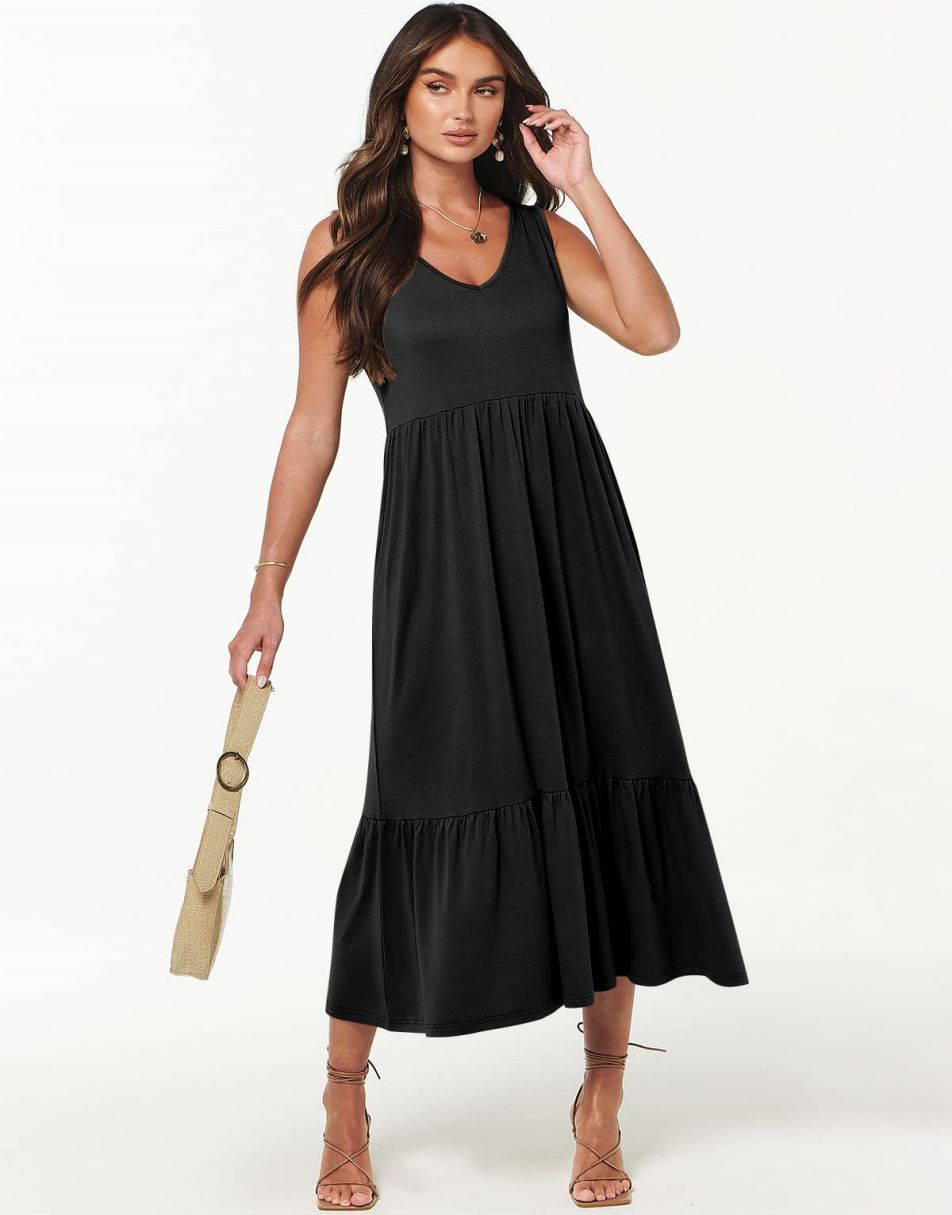 ANRABESS Casual Sleeveless V Neck Swing Flowy Tiered Maxi Beach Dress with Pockets