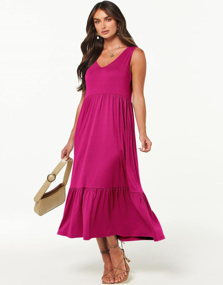 ANRABESS Casual Sleeveless V Neck Swing Flowy Tiered Maxi Beach Dress with Pockets