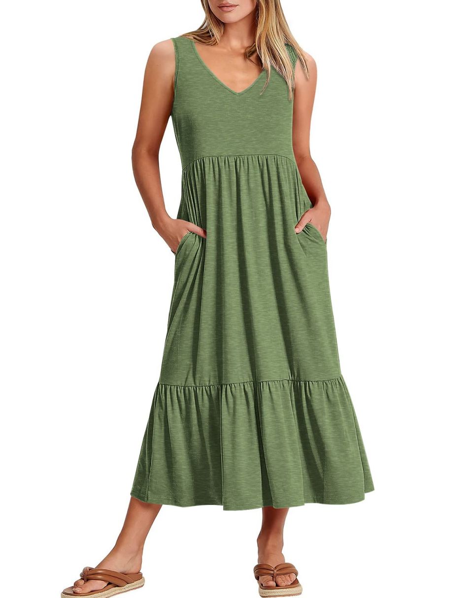 ANRABESS Casual Sleeveless V Neck Swing Flowy Tiered Maxi Beach Dress with Pockets