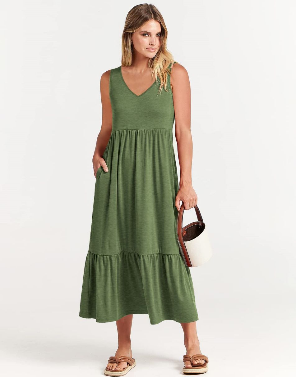 ANRABESS Casual Sleeveless V Neck Swing Flowy Tiered Maxi Beach Dress with Pockets