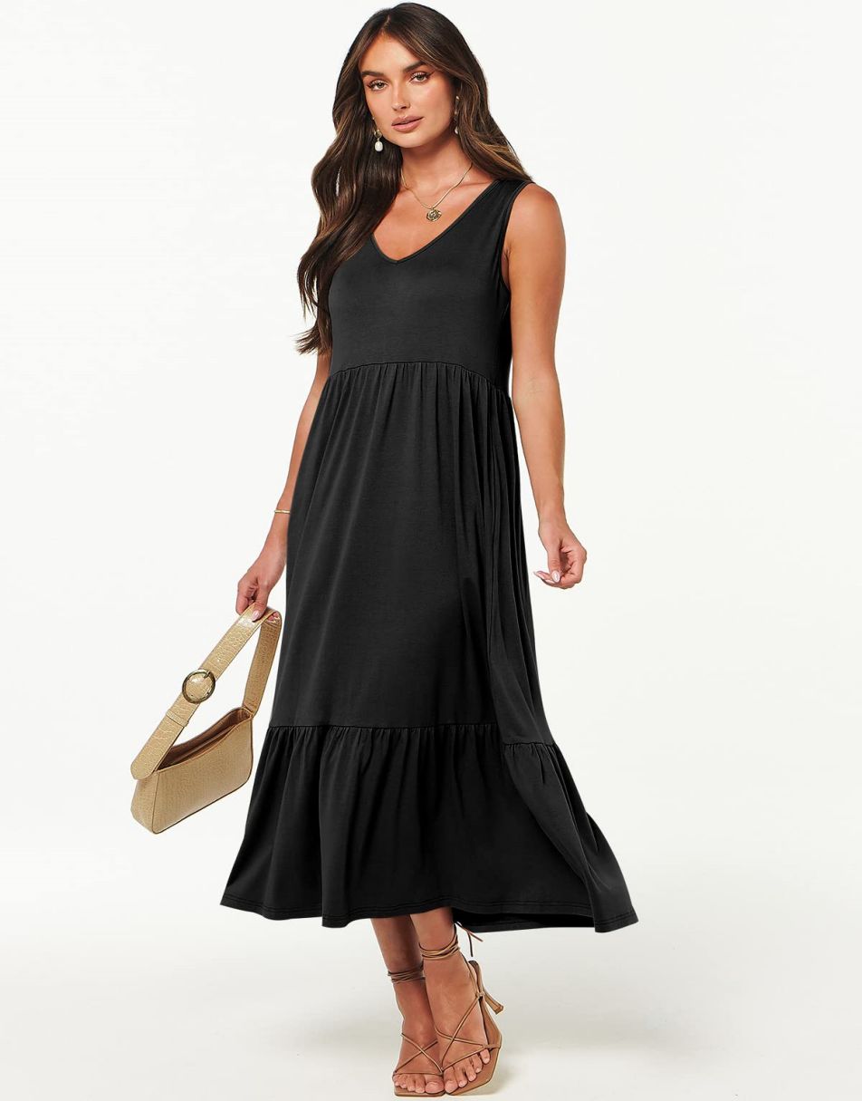 ANRABESS Casual Sleeveless V Neck Swing Flowy Tiered Maxi Beach Dress with Pockets