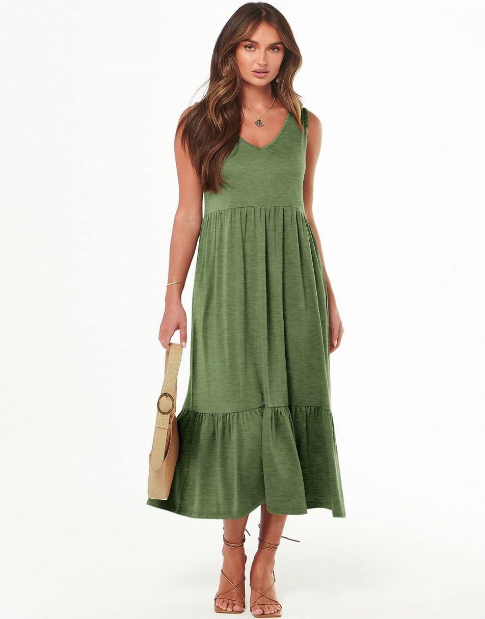 ANRABESS Casual Sleeveless V Neck Swing Flowy Tiered Maxi Beach Dress with Pockets