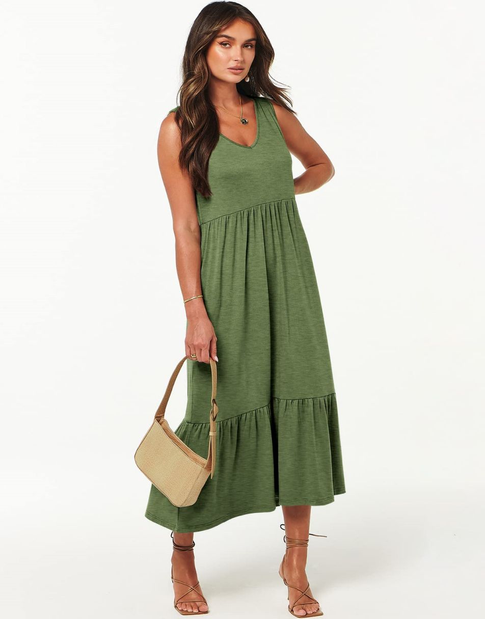 ANRABESS Casual Sleeveless V Neck Swing Flowy Tiered Maxi Beach Dress with Pockets