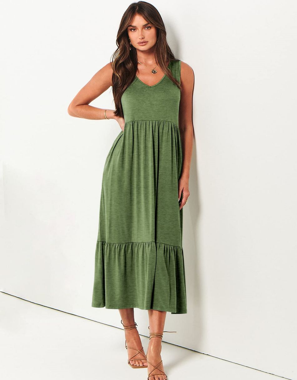 ANRABESS Casual Sleeveless V Neck Swing Flowy Tiered Maxi Beach Dress with Pockets