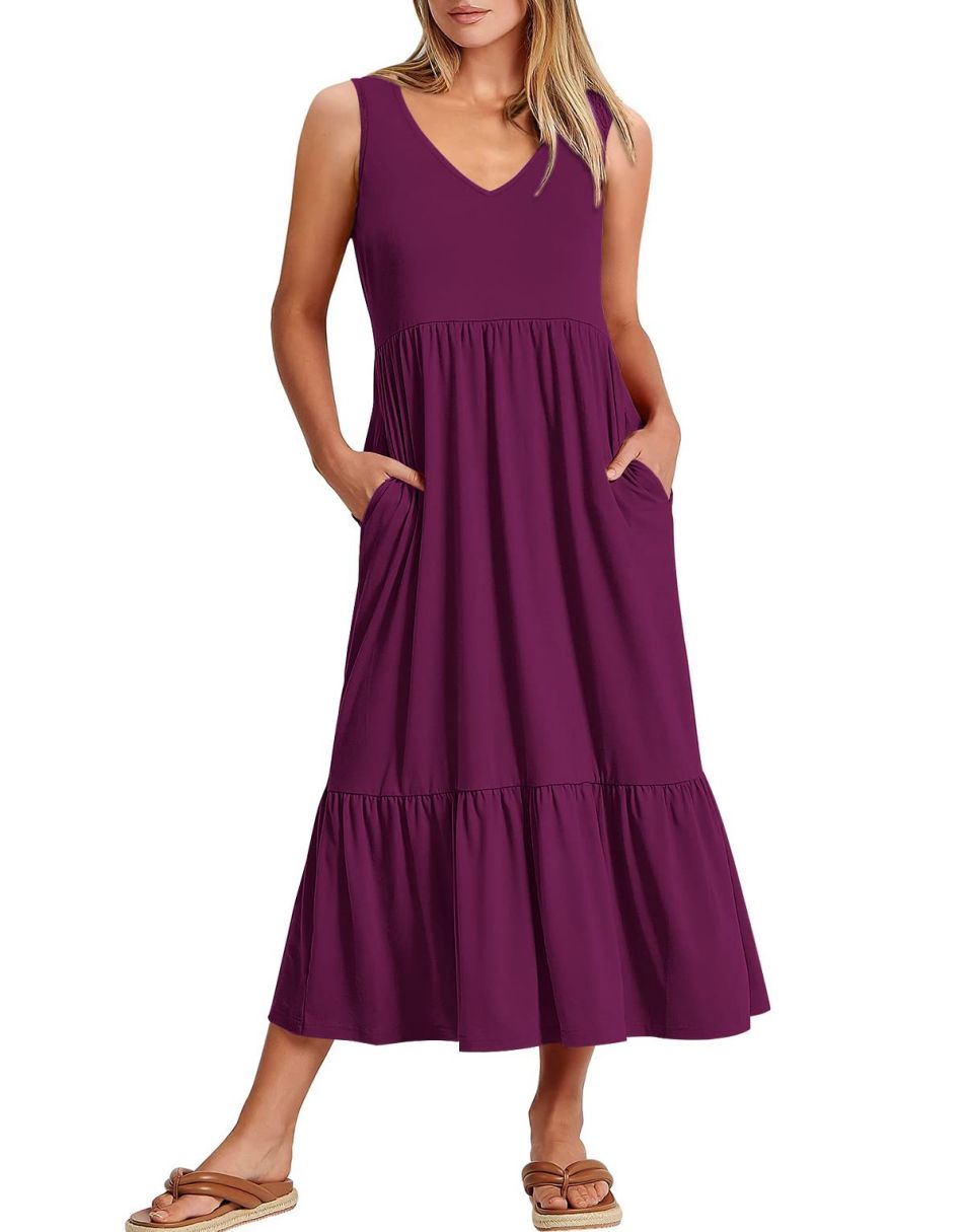 ANRABESS Casual Sleeveless V Neck Swing Flowy Tiered Maxi Beach Dress with Pockets