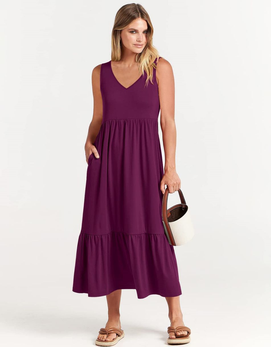 ANRABESS Casual Sleeveless V Neck Swing Flowy Tiered Maxi Beach Dress with Pockets