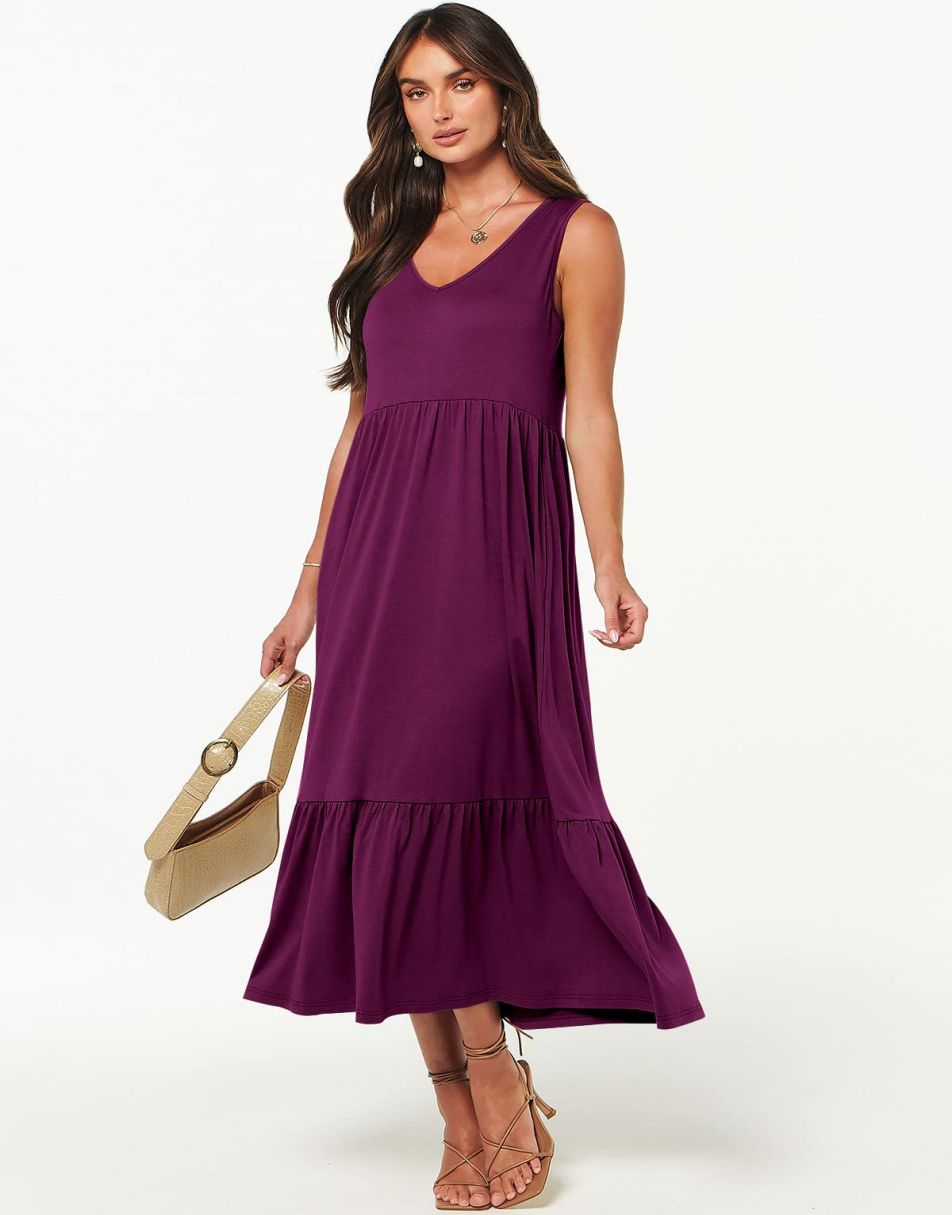 ANRABESS Casual Sleeveless V Neck Swing Flowy Tiered Maxi Beach Dress with Pockets