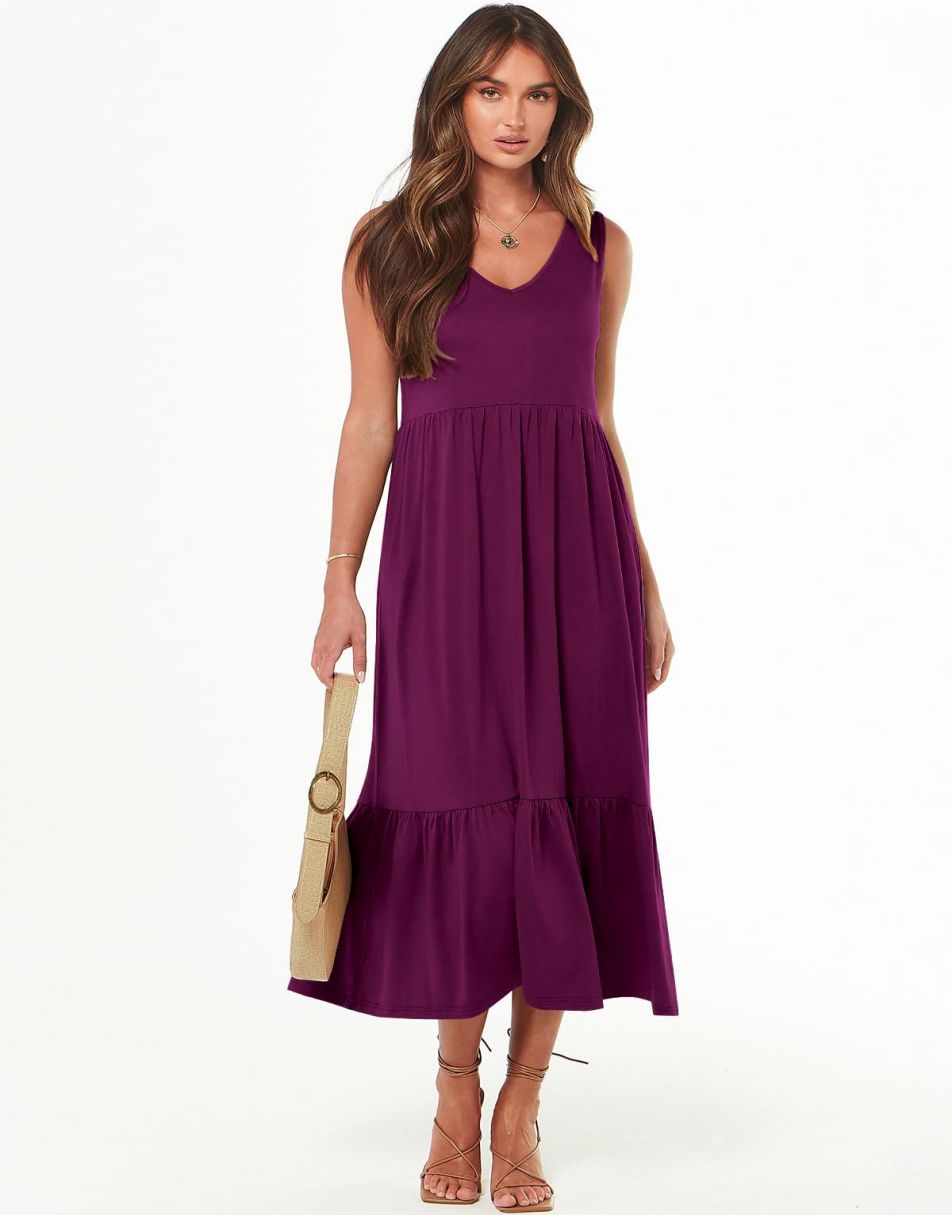 ANRABESS Casual Sleeveless V Neck Swing Flowy Tiered Maxi Beach Dress with Pockets