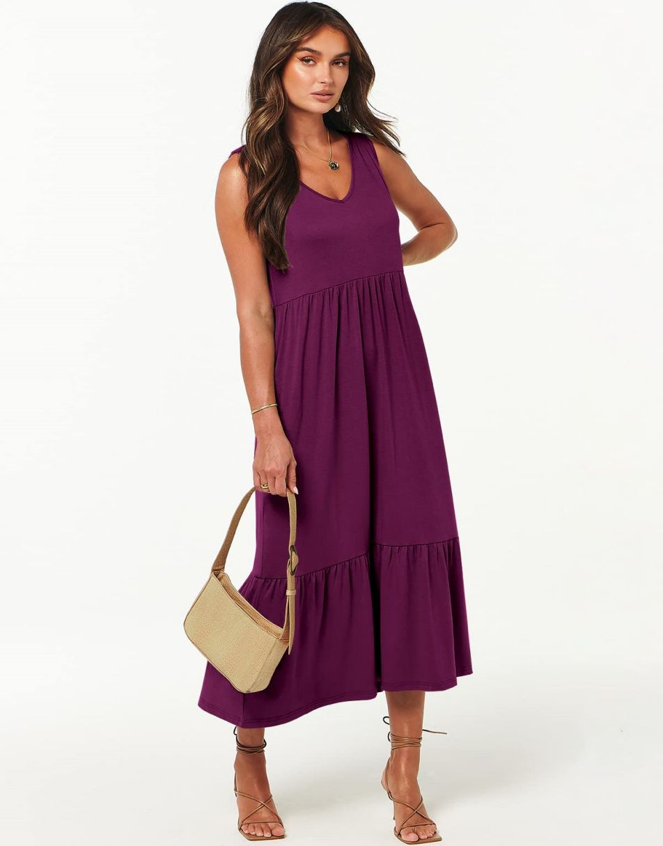 ANRABESS Casual Sleeveless V Neck Swing Flowy Tiered Maxi Beach Dress with Pockets