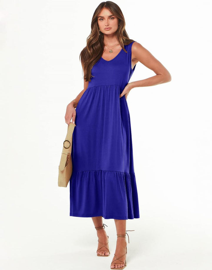 ANRABESS Casual Sleeveless V Neck Swing Flowy Tiered Maxi Beach Dress with Pockets