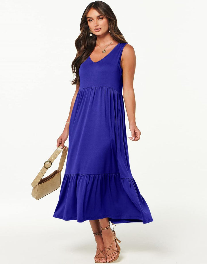 ANRABESS Casual Sleeveless V Neck Swing Flowy Tiered Maxi Beach Dress with Pockets