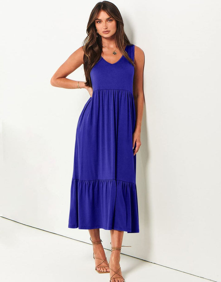 ANRABESS Casual Sleeveless V Neck Swing Flowy Tiered Maxi Beach Dress with Pockets