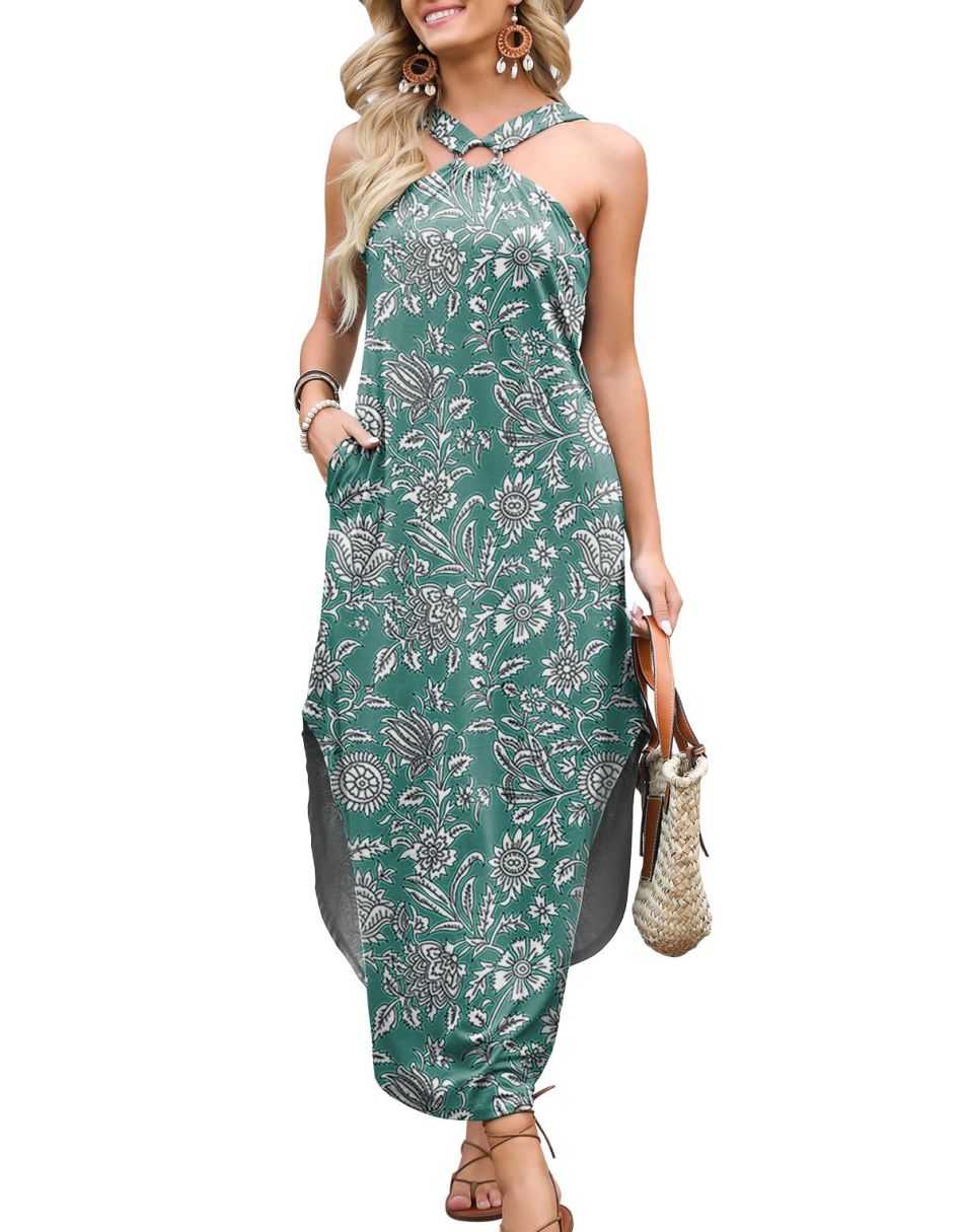 ANRABESS Criss Cross Sundress Sleeveless Split Maxi Long Beach Dress with Pockets