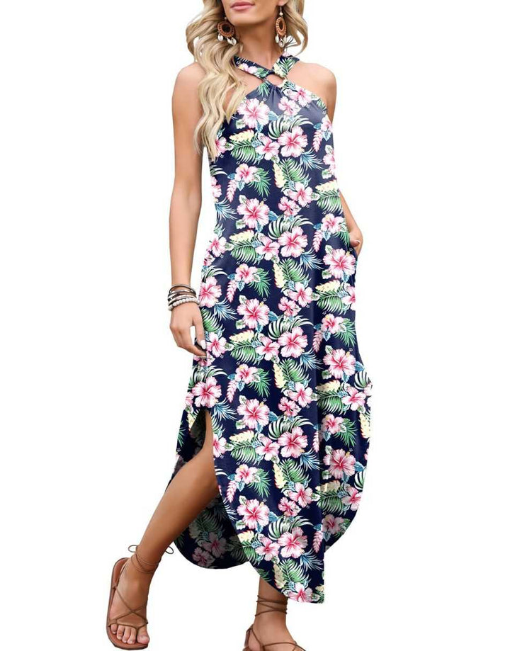 ANRABESS Criss Cross Sundress Sleeveless Split Maxi Long Beach Dress with Pockets