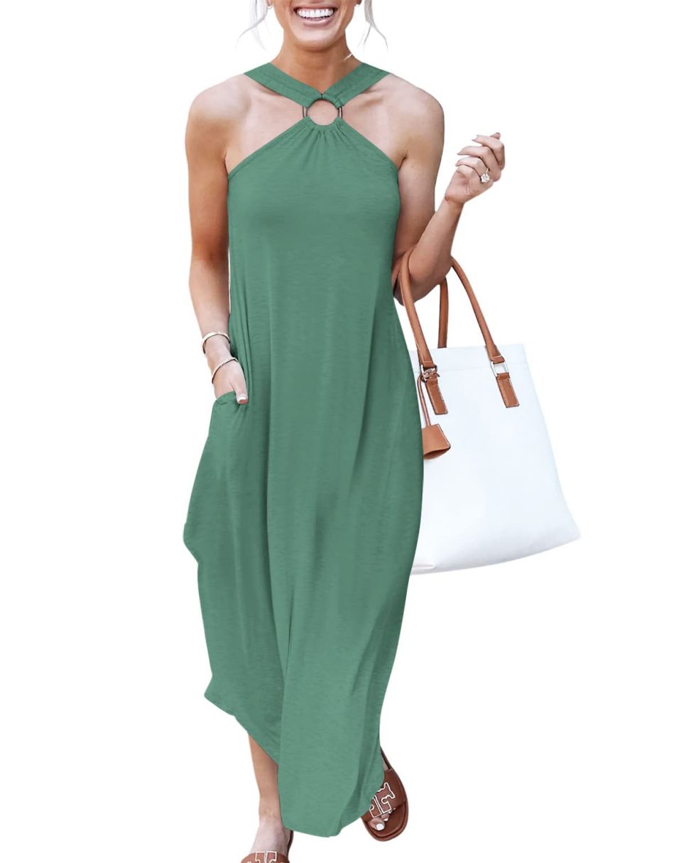 ANRABESS Criss Cross Sundress Sleeveless Split Maxi Long Beach Dress with Pockets