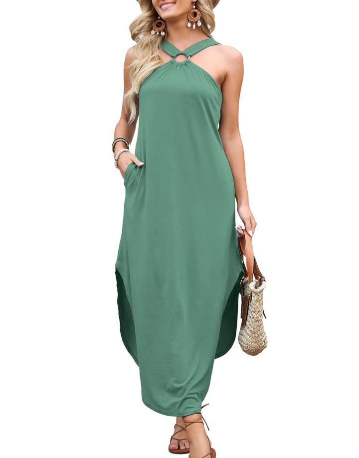 ANRABESS Criss Cross Sundress Sleeveless Split Maxi Long Beach Dress with Pockets