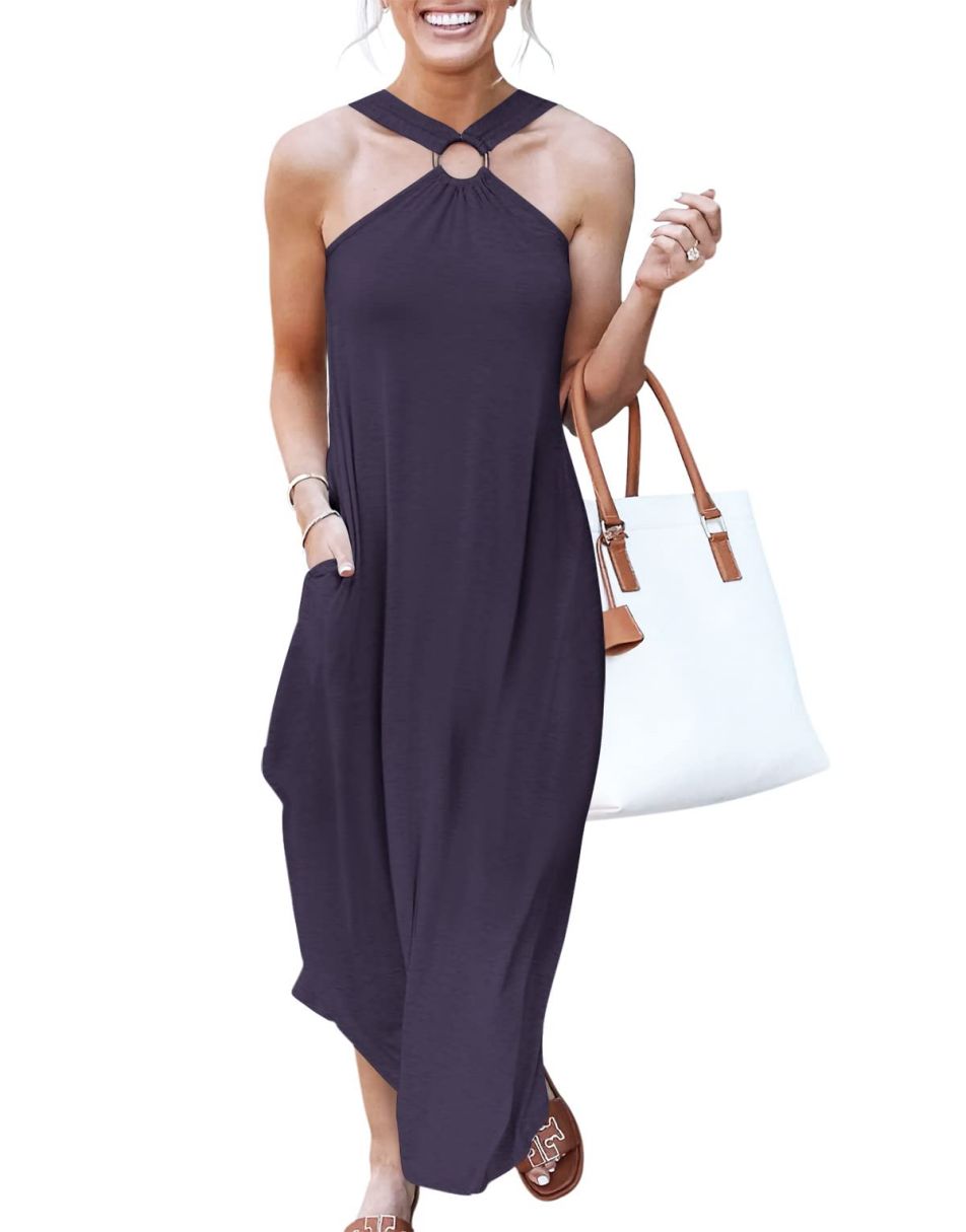 ANRABESS Criss Cross Sundress Sleeveless Split Maxi Long Beach Dress with Pockets