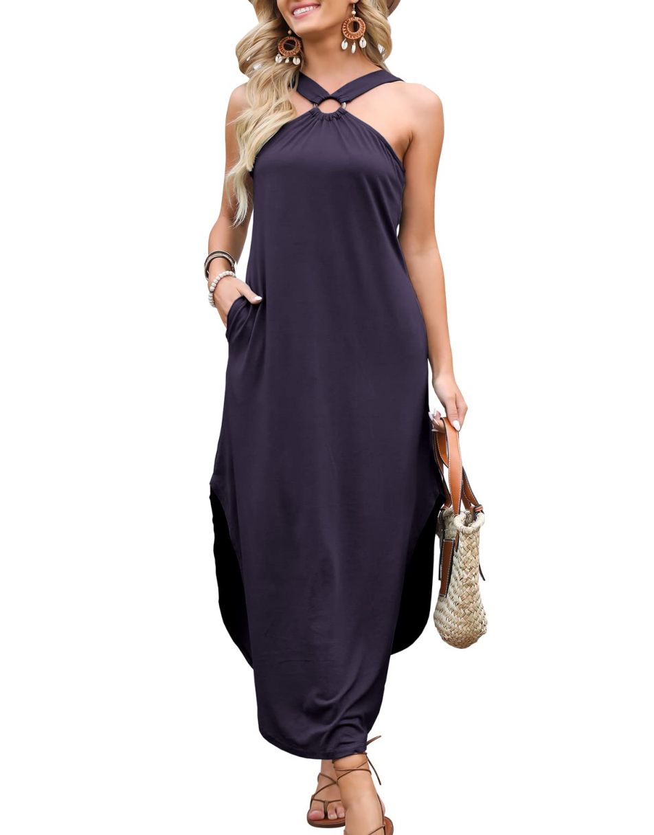 ANRABESS Criss Cross Sundress Sleeveless Split Maxi Long Beach Dress with Pockets