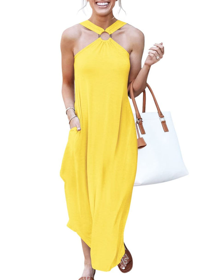 ANRABESS Criss Cross Sundress Sleeveless Split Maxi Long Beach Dress with Pockets