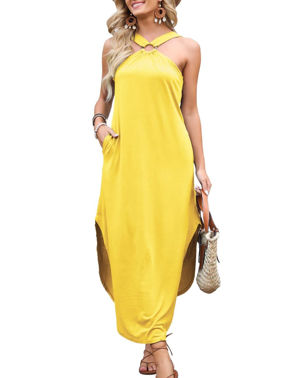 ANRABESS Criss Cross Sundress Sleeveless Split Maxi Long Beach Dress with Pockets