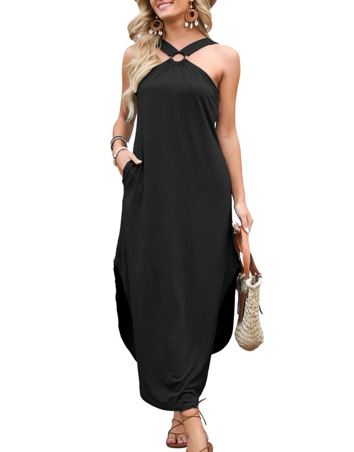 ANRABESS Criss Cross Sundress Sleeveless Split Maxi Long Beach Dress with Pockets